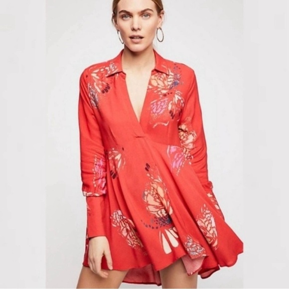 Free People Red Tunic Dress Field of Butterflies Boho Floral Top M - Picture 1 of 5